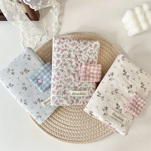Fabric Book Cover Floral Check Notebook Protector Journal Sleeve Pastoral Style Stationery Pouch Heart Button Closure