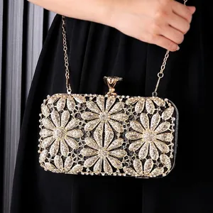 Elegant Floral Rhinestone Evening Bag Shiny Crystal Clutch For Wedding Party Women Hard Shell Handbag With Chain