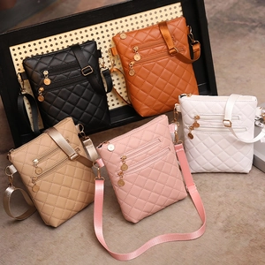 Quilted PU Leather Crossbody Bag Women Multi Zipper Pocket Small Shoulder Phone Pouch With Adjustable Fabric Strap