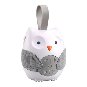 Portable owl-shaped white noise machine for baby sleep with grey silicone strap and buttons