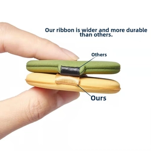 Detail of soft makeup sponges with wide durable ribbon handle for stable finger grip