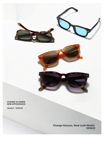 Selection of square frame sunglasses in tortoiseshell and solid colors on white pedestals