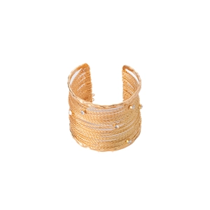 Bohemian gold-plated wide cuff bracelet with wire-wrapped texture and crystal accents