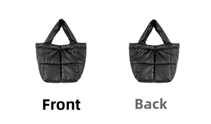 Front and back views of a black quilted down tote bag with a minimalist puffer design