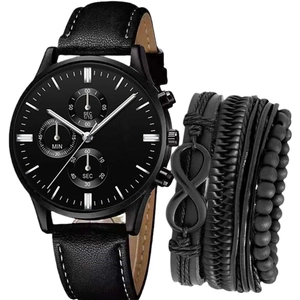 Men's fashion black chronograph watch and multi-layer braided leather bracelet set