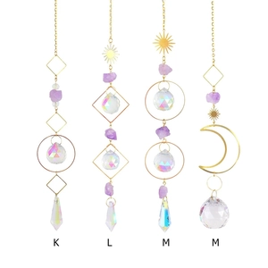 Garden crystal wind chimes with gold metal chains and purple raw stone pendants