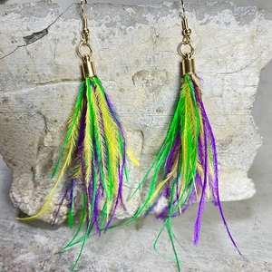 Bohemian glitter feather earrings in purple green and yellow with gold hooks