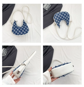 Detailed views of checkered denim crescent bag showing front, back, side and PU leather base