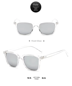 Transparent frame sunglasses with silver reflective lenses showing front and side views