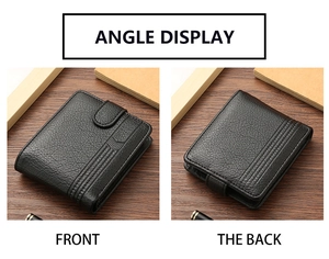 Front and back view of men's short PU leather wallet with litchi texture and buckle