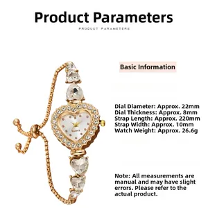 Detailed specs of the gold heart quartz watch featuring diamond-encrusted accents