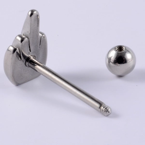 Close-up of silver stainless steel tongue piercing featuring a unique middle finger gesture