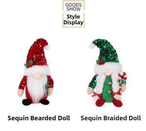 Detail of Christmas gnomes featuring sequin hats with red and green festive ornaments