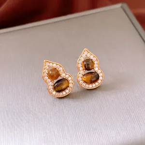 Boucles d'oreilles gourde en pierre oeil de tigre avec zircon rose doré