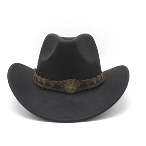 Detail of black wool felt cowboy hat featuring a braided leather band and star metal badge