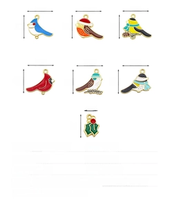 Detailed macro view showing diverse zinc alloy bird pendants with precise size measurements
