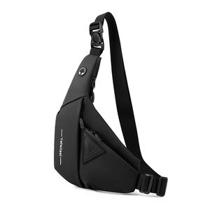 Detailed side view of matte black water-resistant chest bag with adjustable strap and buckle