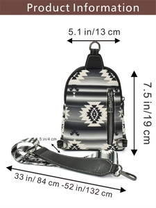 Detailed size specifications for bohemian canvas crossbody bag with geometric pattern