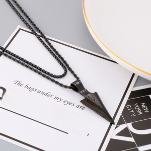 Men's hip hop black arrowhead pendant necklace with double layered industrial chains
