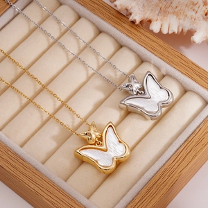 Elegant 18K gold plated double butterfly titanium steel necklace with mother of pearl inlay