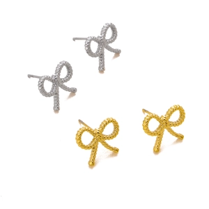 Minimalist bow knot stud earrings in gold and silver finish with braided rope texture