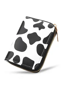Cow print leather card holder with large capacity, zipper closure and contrast stitching