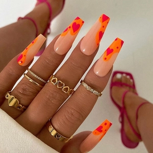 Long Coffin Press On Nails Glossy Orange Heart Graffiti Nude Pink Fake Nails Stylish Sweet Manicure