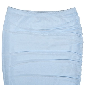 Detailed close-up of light blue mesh fabric with elegant ruched design and fine texture