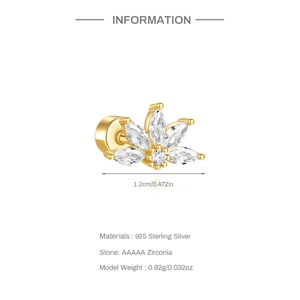 Detail view of gold S925 sterling silver flower earring with AAAAA zirconia and dimensions