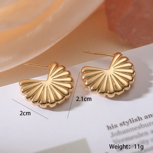 Detailed view of gold plated irregular geometric fan earrings with size and weight info
