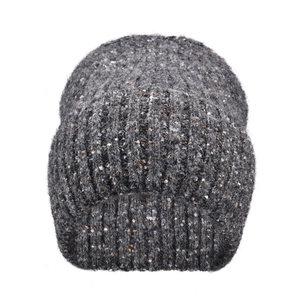 Detailed macro view of the grey ribbed knit beanie showing colorful tweed yarn flecks