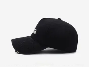 Side view of washed cotton baseball cap with vintage distressed brim and embroidery