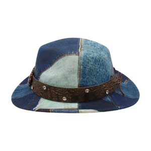 Retro patchwork denim fedora hat with embossed leather band and decorative metal rivets