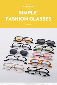 Detail of vintage double-bridge pilot sunglasses in various frame colors and tinted lenses