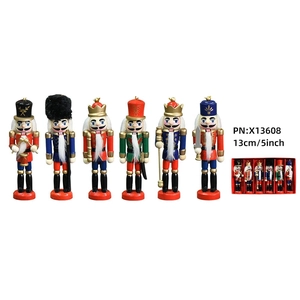 Set of six 13cm wooden Nutcracker soldier ornaments in festive uniforms and gift box