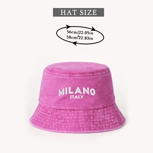 Detail showing embroidered MILANO ITALY logo and head size chart on rose pink bucket hat