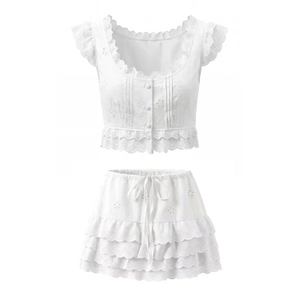 Haut Court À Volants Et Mini Jupe À Étages Femme Coton Broderie Anglaise Boho Été Décontracté Vintage Blanc