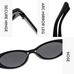 Detailed view of secure hinges, arc legs, and smooth nose pads of retro narrow sunglasses