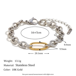 Detailed specs of stainless steel mixed chain bracelet with 18K gold link and dimensions