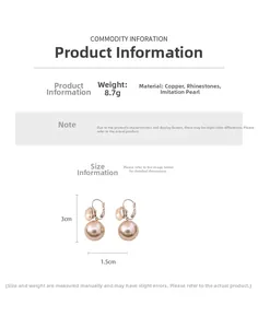 Detailed view of champagne vintage earrings with diamond accents and large faux pearls