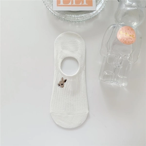 Close-up of white cotton invisible socks featuring cute animal embroidery and knit texture