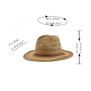Detailansicht handgewebter Cowboy-Strohhut mit Maßen: 7cm Krempe und 12cm Höhe für Damen/Herren