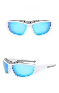 Close-up of white sports sunglasses with blue mirrored polarized lenses and top vent detail