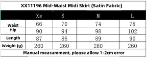Detailed size chart for satin midi skirt showing waist and hip measurements in cm