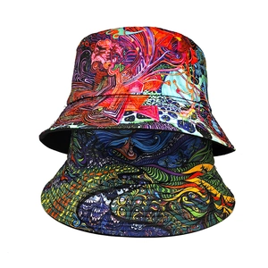 Reversible bucket hat featuring vivid psychedelic graffiti print for outdoor sun protection
