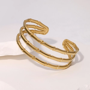Bracelet jonc élégant en acier inoxydable doré à motif bambou triple épaisseur