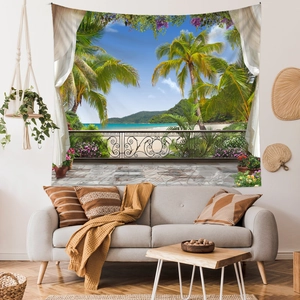 Detail of tropical seaside wall tapestry featuring palm trees and ocean view in a living room