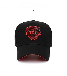 Detailed front view of black baseball cap with red FORCE shield embroidery