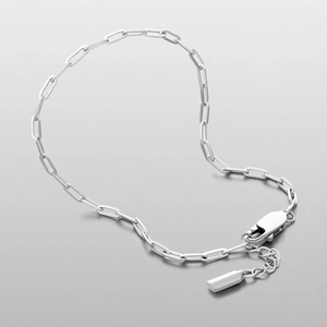 Vue détaillée du bracelet chaîne trombone argenté avec fermoir mousqueton et étiquette