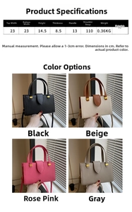 Detailed size chart for minimalist PU leather tote bag with dimensions and color options